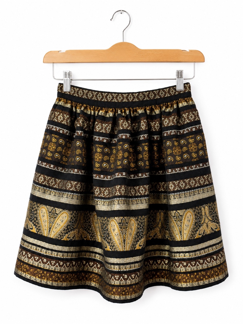 Bebe Black Gold Paisley Circle Skirt Boho Vintage Chic Full Skater Size 4 Retro